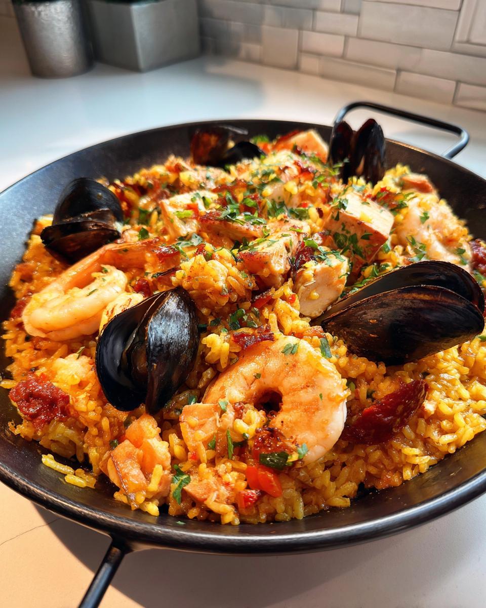 A close-up view of a flavorful seafood paella in a traditional paella pan, featuring shrimp, mussels, chicken, and rice.
