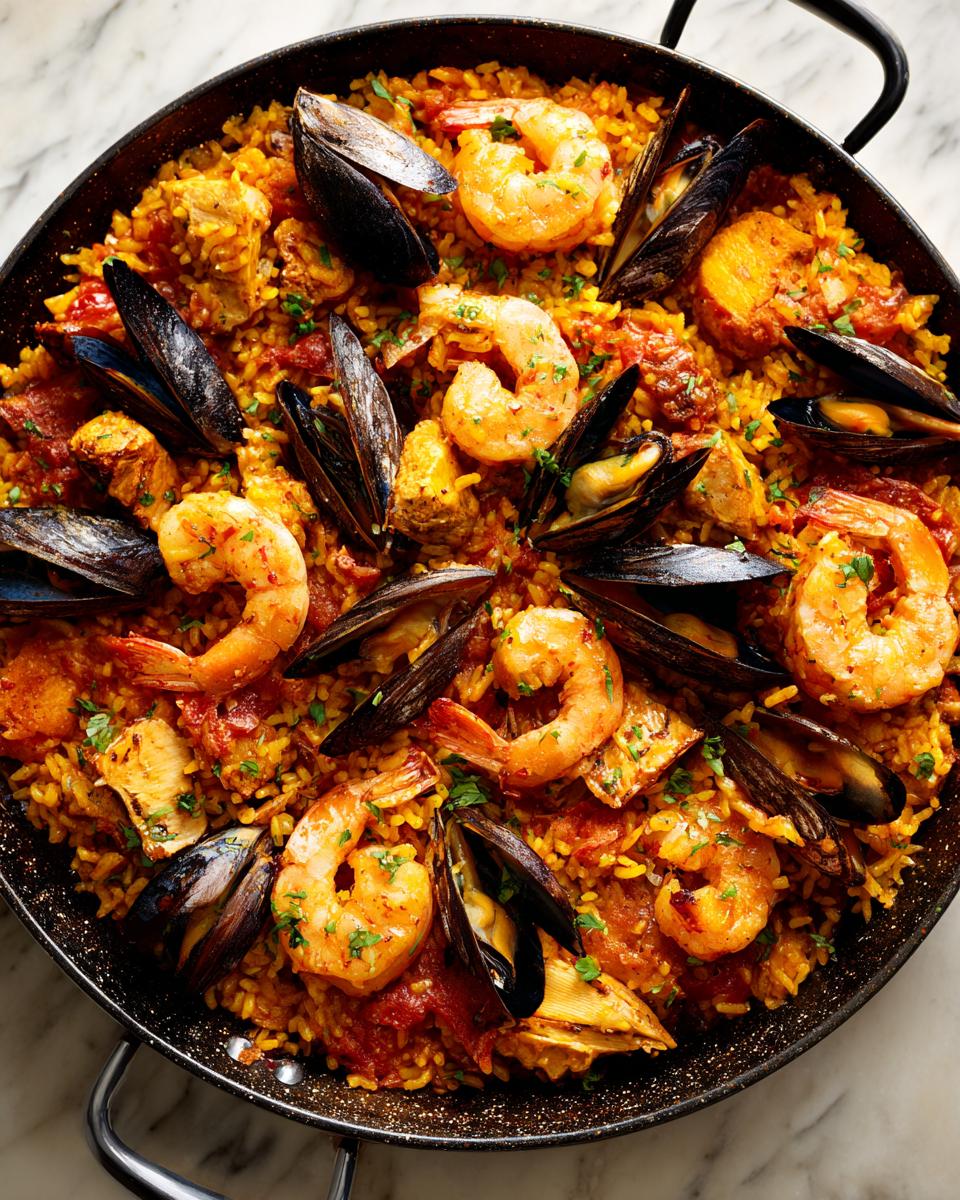 A close-up overhead view of a vibrant Spanish paella in a traditional pan, loaded with shrimp, mussels, and rice.