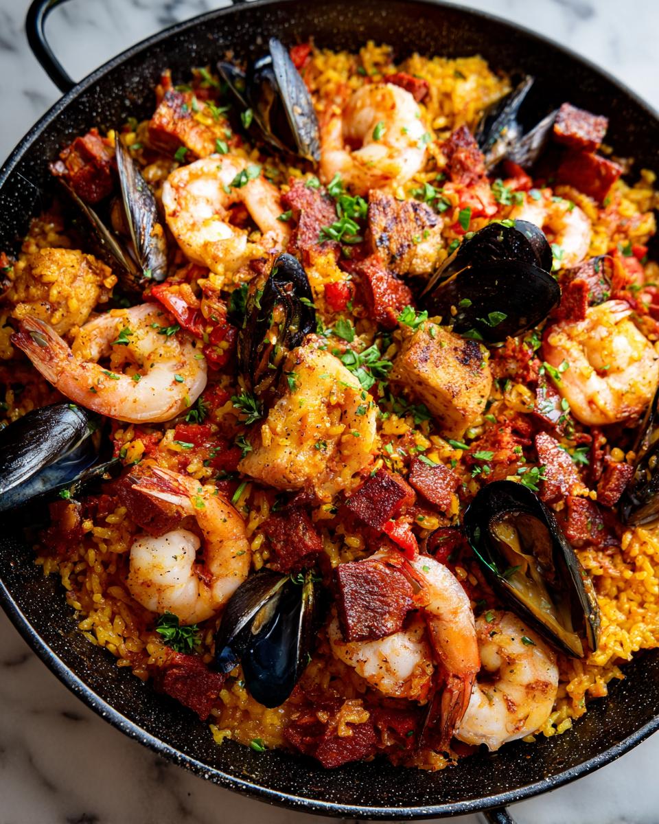 Close-up of a vibrant seafood paella in a pan, featuring shrimp, mussels, chorizo, and rice.