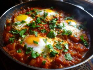Close-up of a pan of Shakshuka with perfectly poached eggs, rich tomato sauce, and fresh cilantro.