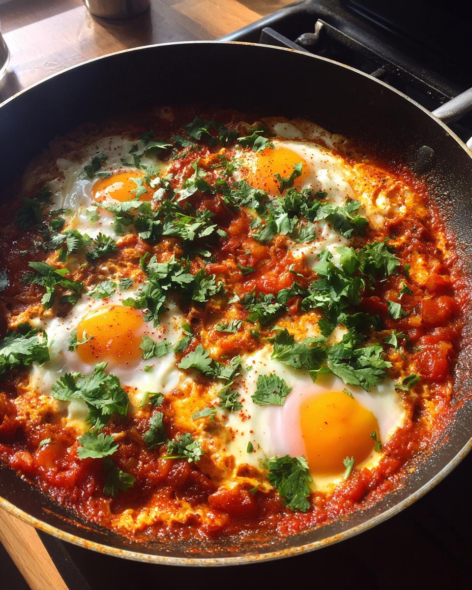 A close-up of a pan of Shakshuka with perfectly cooked eggs nestled in a rich tomato sauce, garnished with fresh cilantro.
