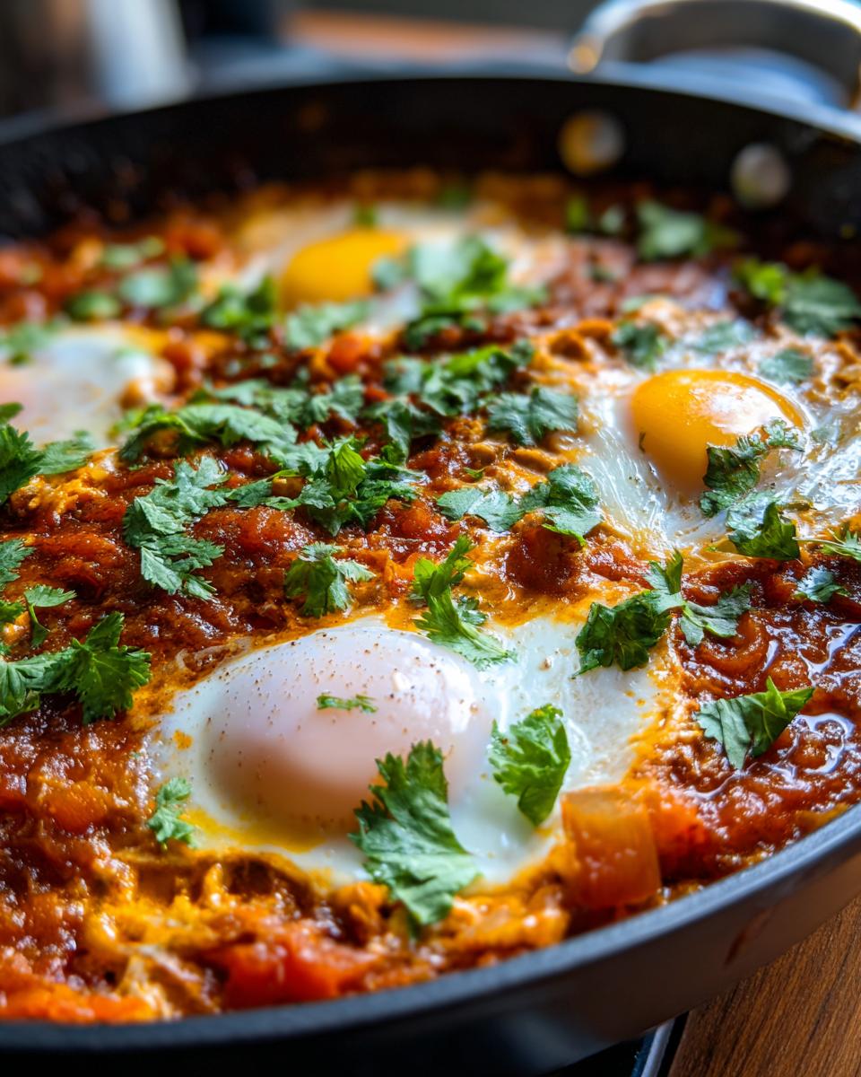 Close-up of a pan of Shakshuka with perfectly poached eggs and fresh cilantro.