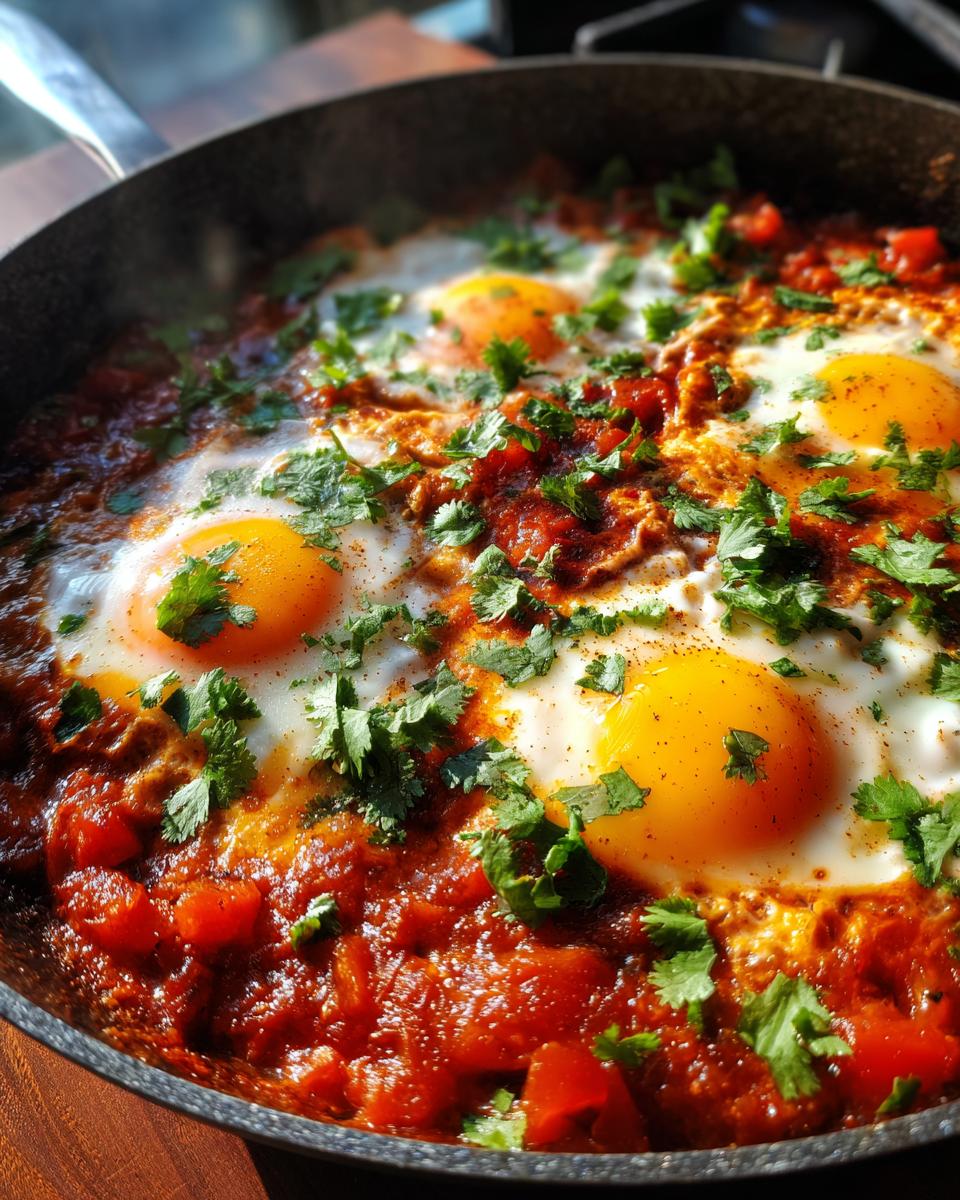 Close-up of a pan of Shakshuka, featuring perfectly poached eggs nestled in a rich tomato and pepper sauce, garnished with fresh cilantro.