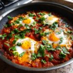 Close-up of a pan of delicious Shakshuka with perfectly poached eggs in a rich tomato and pepper sauce, garnished with fresh cilantro.