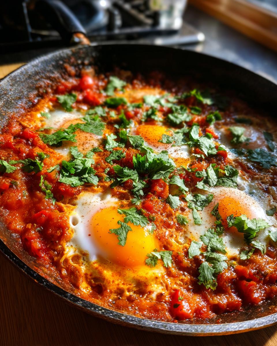 A close-up view of a freshly cooked Shakshuka in a skillet, featuring perfectly poached eggs nestled in a rich tomato and pepper sauce, garnished with fresh cilantro.