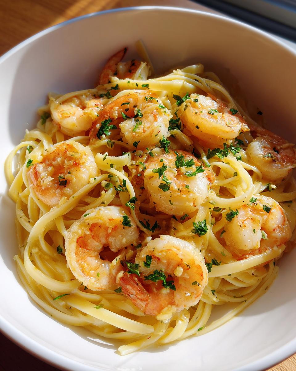 A close-up view of a bowl filled with linguine pasta and succulent shrimp scampi, garnished with fresh parsley.