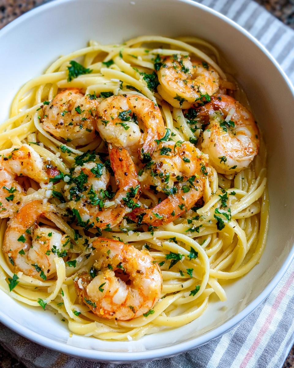 Close-up of a bowl of shrimp scampi with linguine pasta, topped with fresh parsley and garlic.