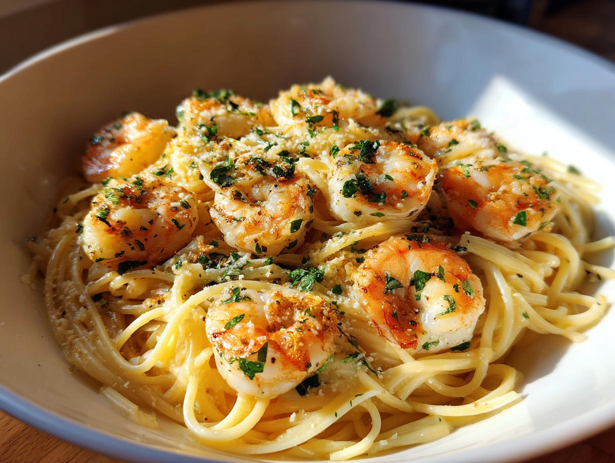 A close-up of delicious shrimp scampi served over linguine pasta, garnished with parsley and parmesan cheese.