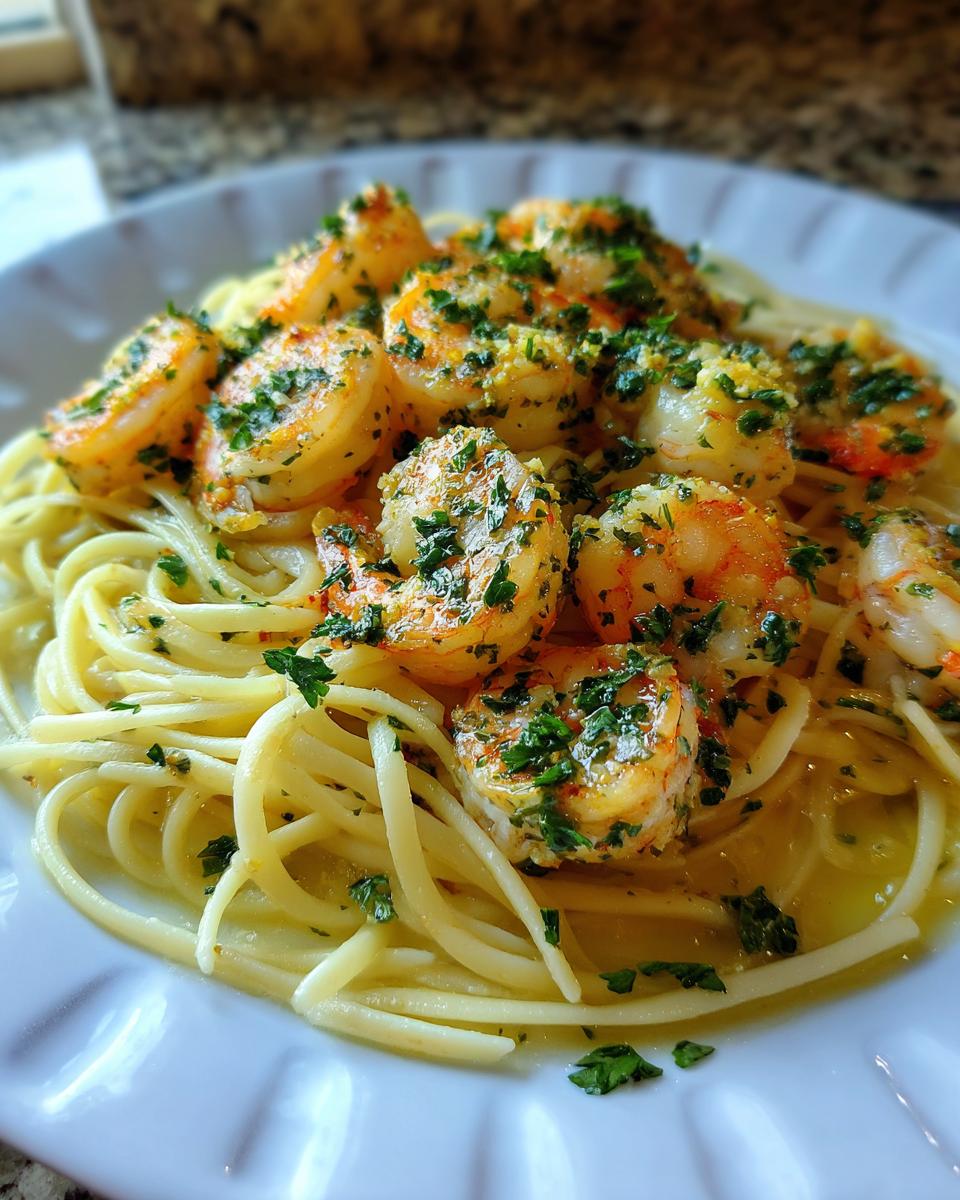 A close-up of a plate of shrimp scampi served over spaghetti, garnished with fresh parsley.