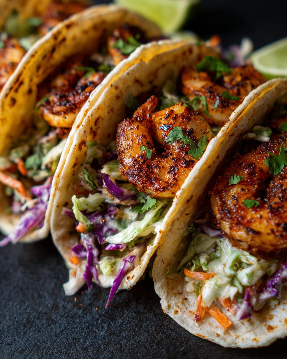 Close-up of three succulent shrimp tacos filled with seasoned shrimp and fresh coleslaw, garnished with cilantro.