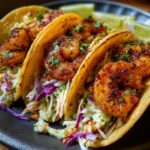 Close-up of three succulent shrimp tacos filled with seasoned shrimp and fresh coleslaw.