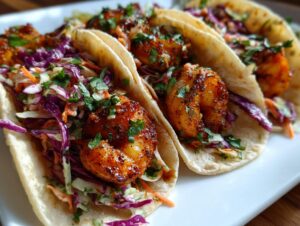 Close-up of three succulent shrimp tacos filled with seasoned shrimp and a vibrant red cabbage and carrot slaw, garnished with cilantro.