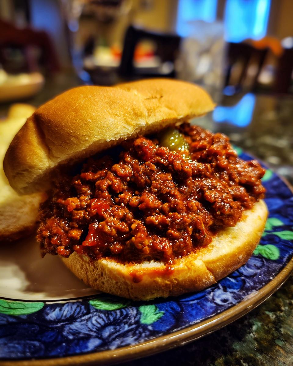 A close-up of a hearty Sloppy Joe sandwich on a toasted bun, generously filled with seasoned ground beef.