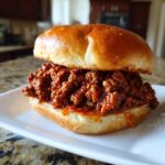 A close-up of a juicy Sloppy Joe sandwich on a white plate, with the meat filling overflowing the bun.