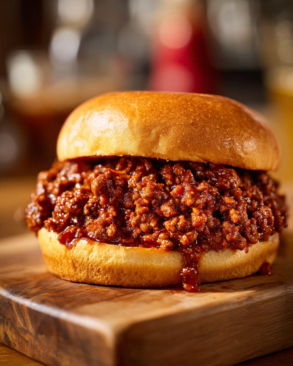 Close-up of a delicious Sloppy Joe sandwich overflowing with seasoned ground beef on a soft bun, served on a wooden board.