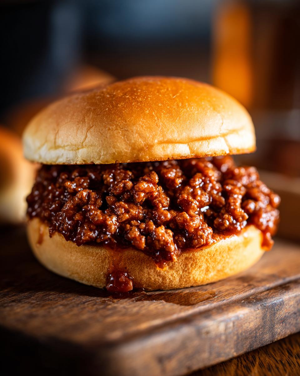A close-up of a delicious Sloppy Joe sandwich on a bun, with the meat filling spilling slightly.