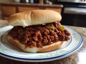 A close-up of a hearty Sloppy Joes sandwich on a bun, served on a floral plate.