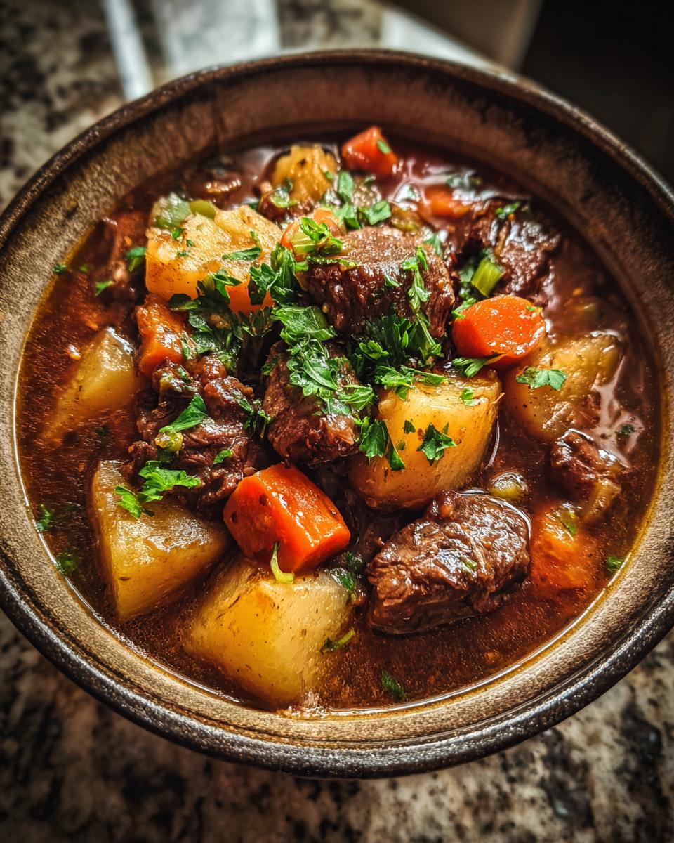 A close-up view of a rustic bowl filled with delicious slow cooker beef stew, featuring tender beef chunks, potatoes, and carrots, garnished with fresh parsley.