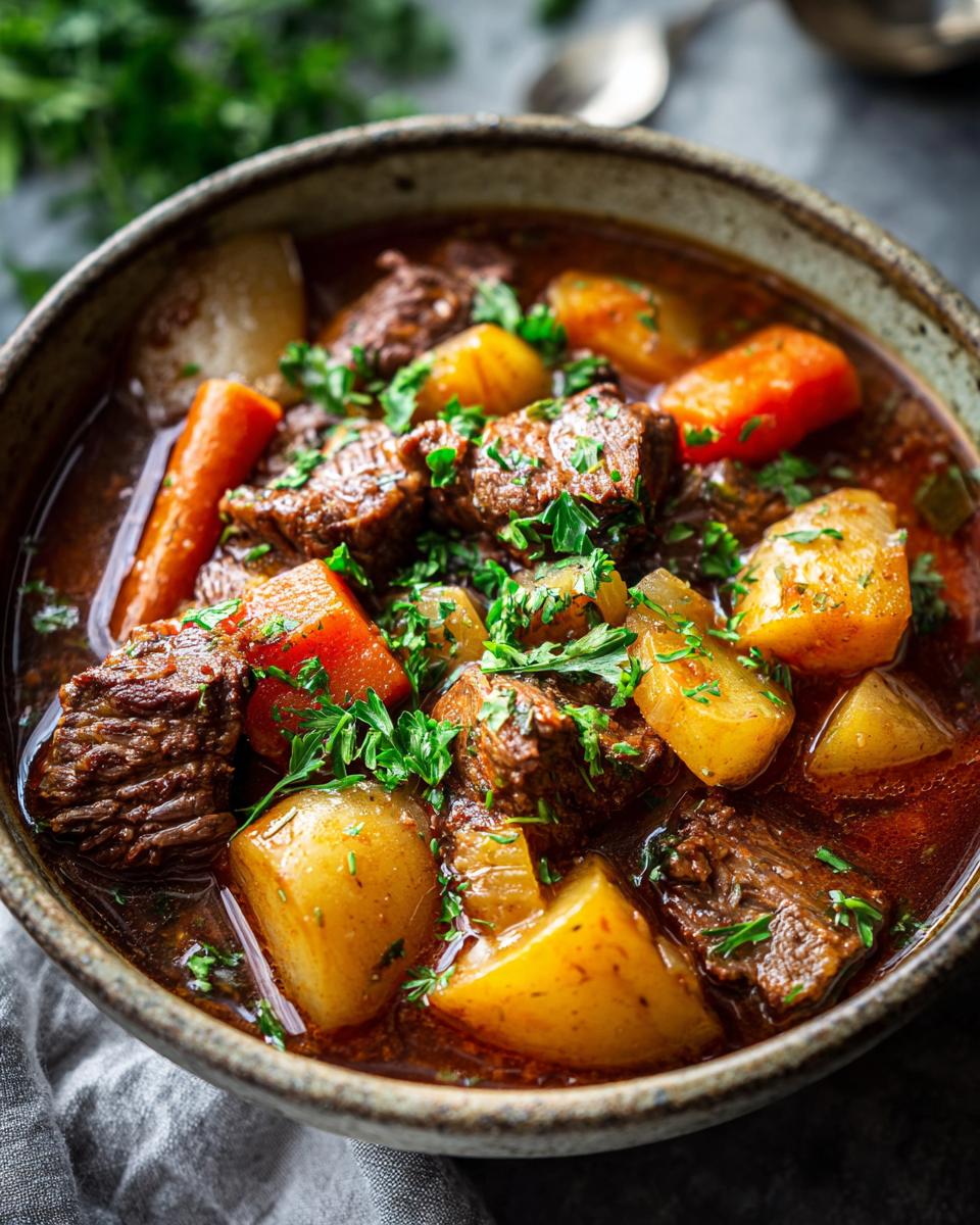 A close-up of a bowl filled with hearty slow cooker beef stew, featuring tender beef chunks, potatoes, and carrots, garnished with fresh parsley.
