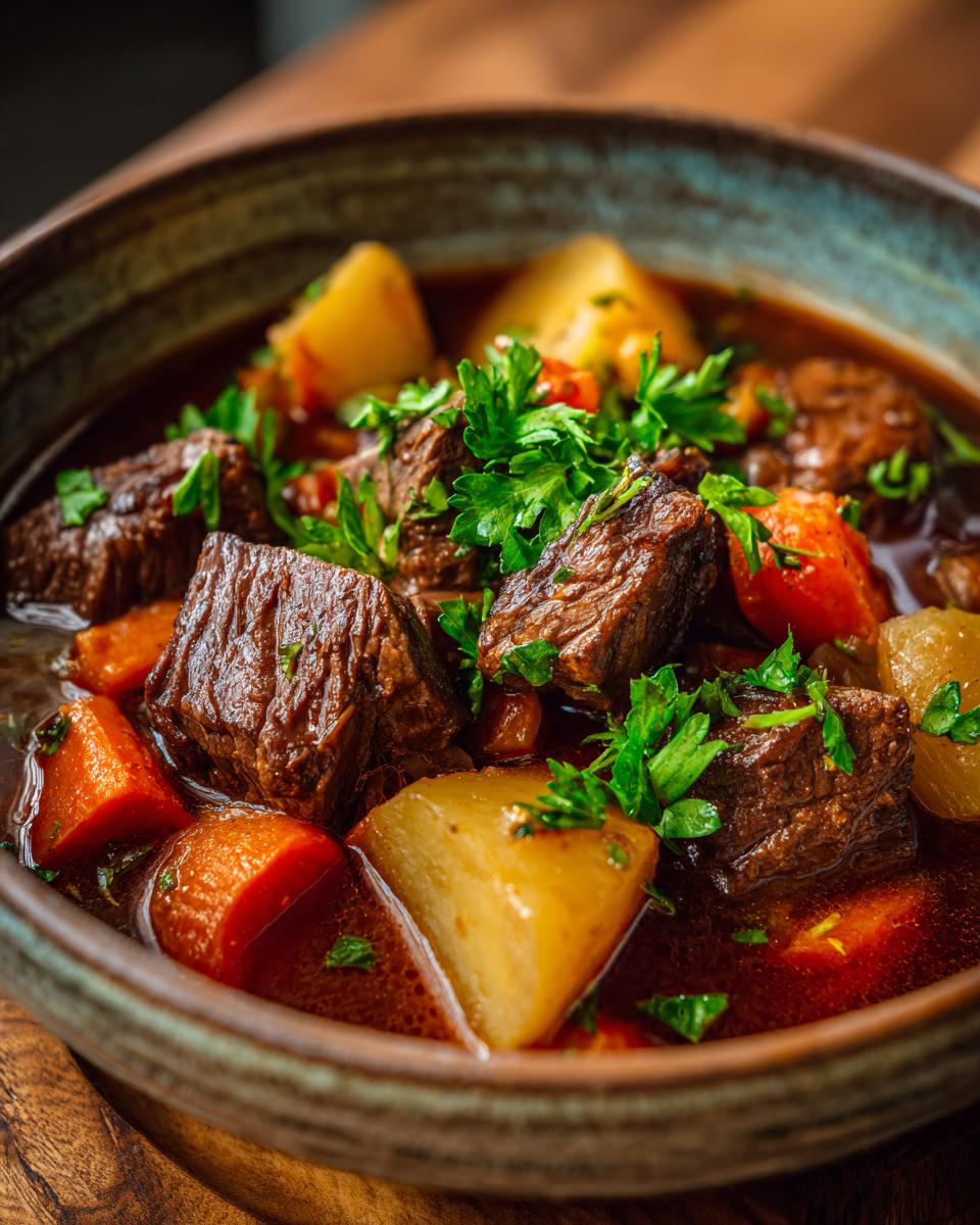 A close-up of a bowl of slow cooker beef stew, featuring tender chunks of beef, potatoes, carrots, and fresh parsley garnish.