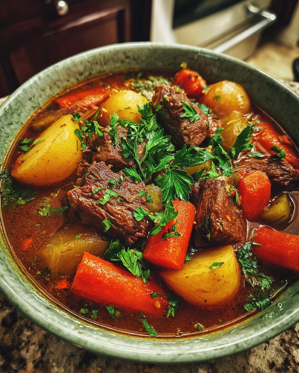 A close-up of a bowl filled with hearty slow cooker beef stew, featuring tender beef chunks, carrots, and potatoes, garnished with fresh parsley.
