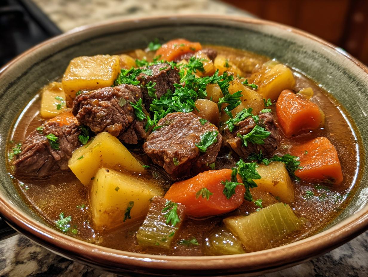 A close-up of a bowl of slow cooker beef stew, featuring tender chunks of beef, potatoes, carrots, and celery, garnished with fresh parsley.
