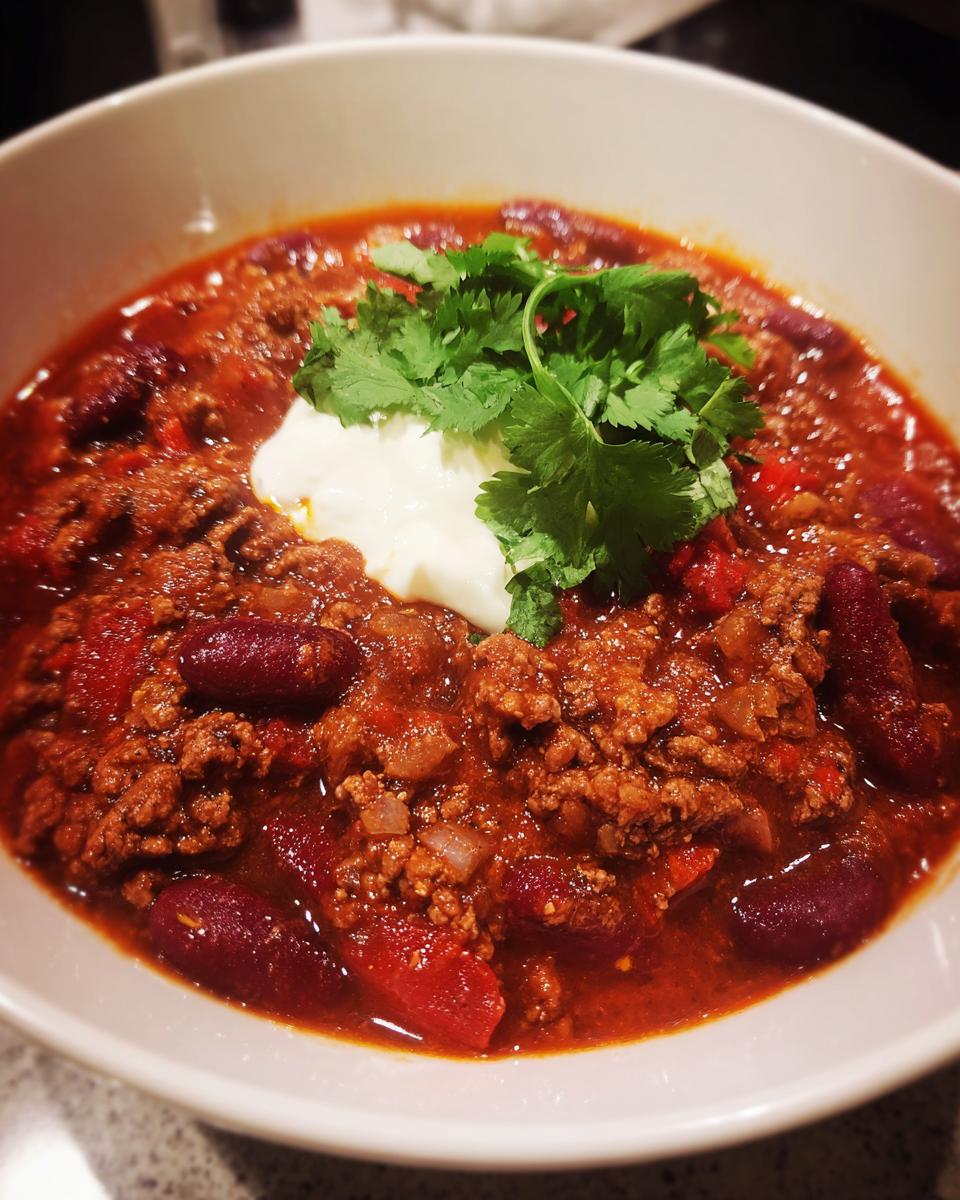 A bowl of hearty slow cooker chili topped with sour cream and fresh cilantro.