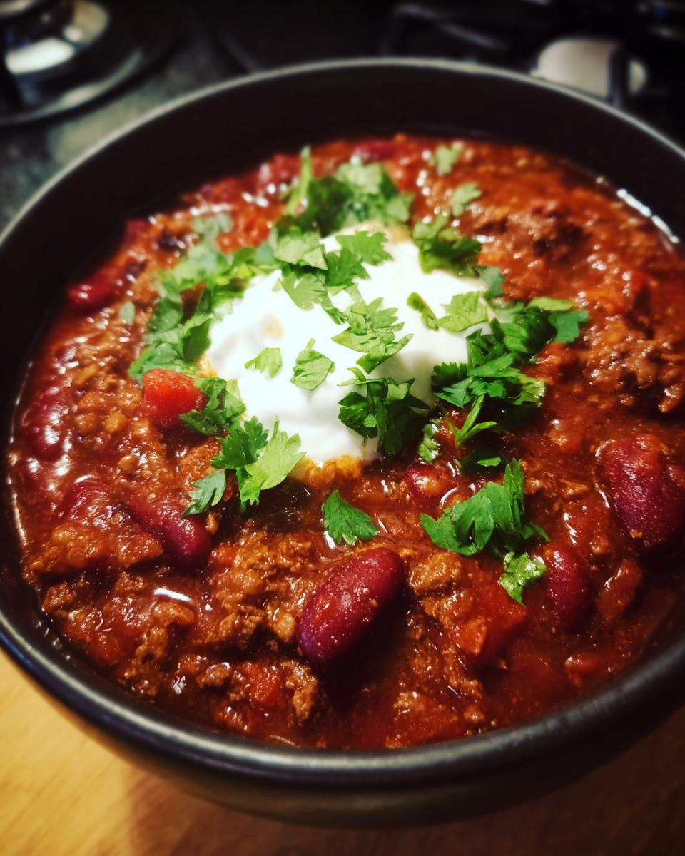 A close-up of a bowl of hearty slow cooker chili topped with a dollop of sour cream and fresh cilantro.