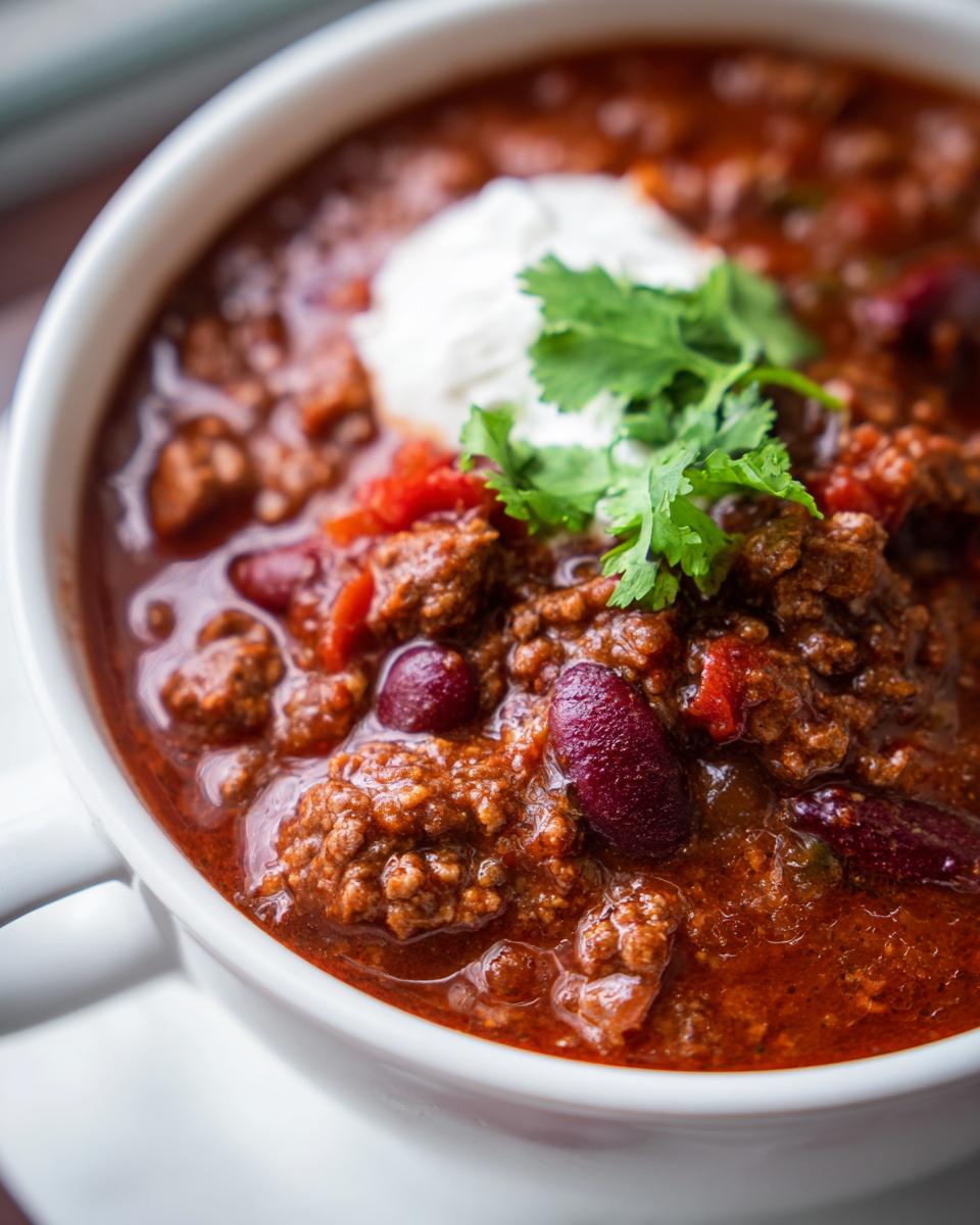 A close-up of a bowl of hearty slow cooker chili topped with sour cream and cilantro.