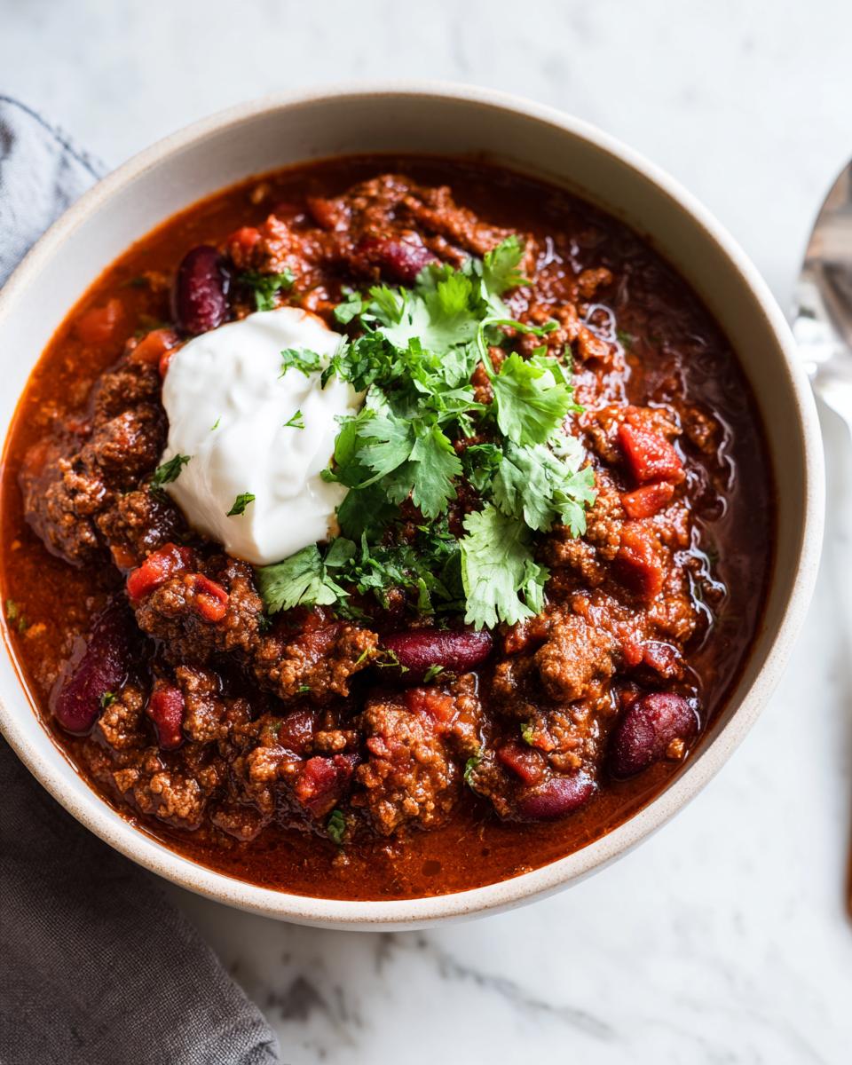 A close-up overhead view of a bowl of hearty slow cooker chili topped with sour cream and fresh cilantro.