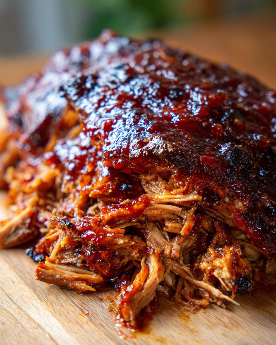 Close-up of a pile of tender, shredded slow cooker pulled pork coated in a glossy BBQ sauce.