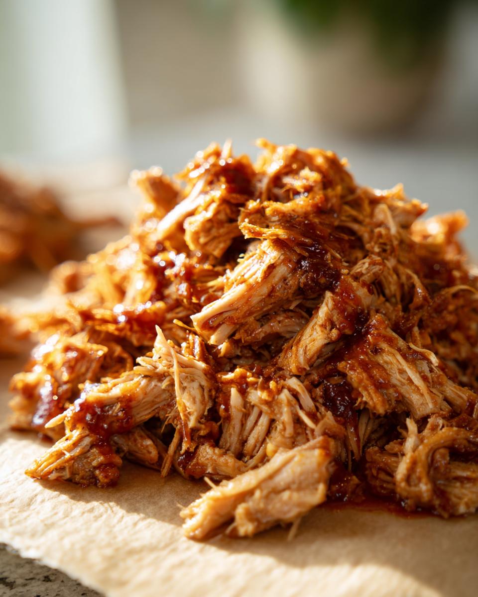 Close-up of tender, shredded slow cooker pulled pork coated in a rich, glossy BBQ sauce.