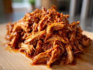 A close-up shot of a pile of tender, shredded slow cooker pulled pork coated in a rich, glossy barbecue sauce.