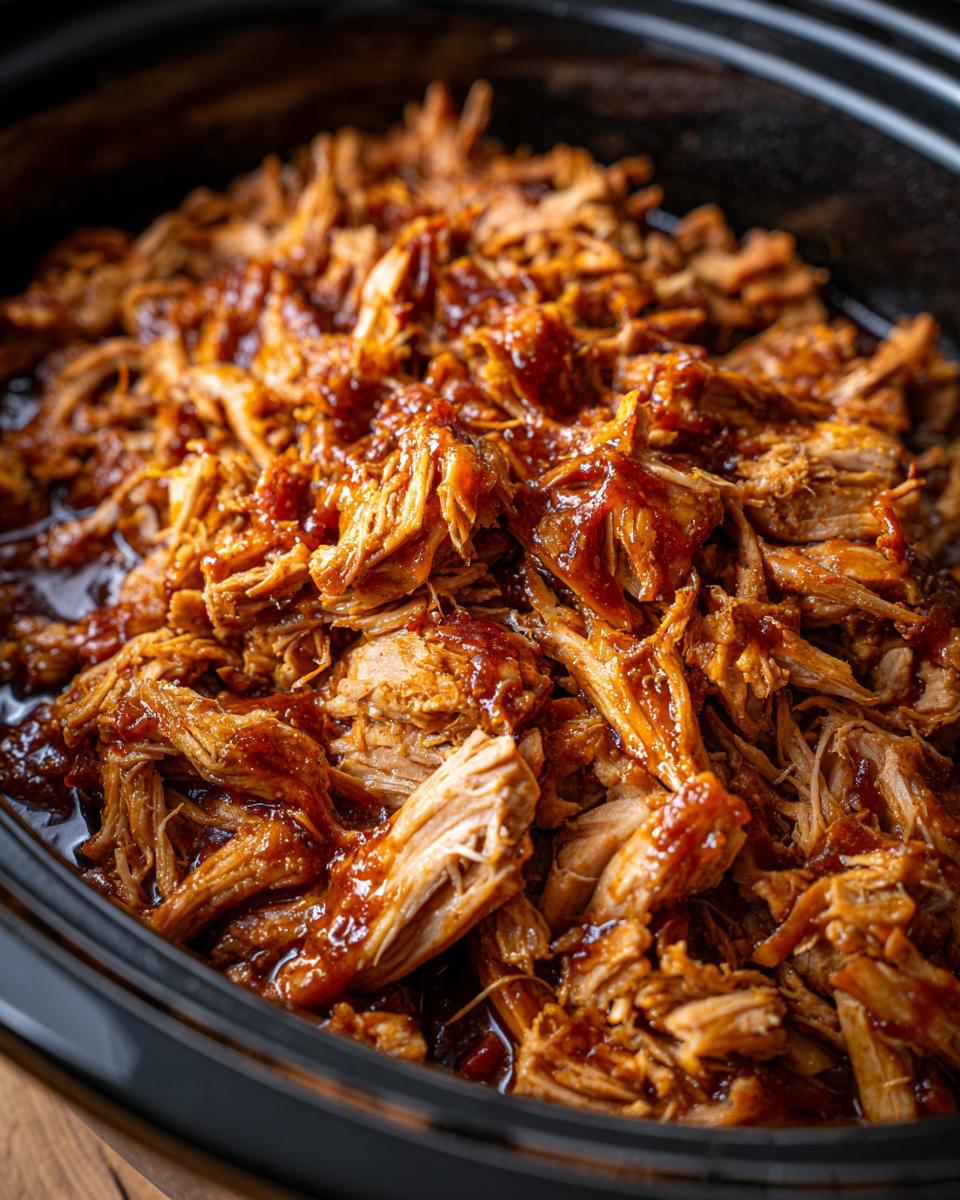 Close-up of tender, shredded slow cooker pulled pork coated in a rich, glossy BBQ sauce.