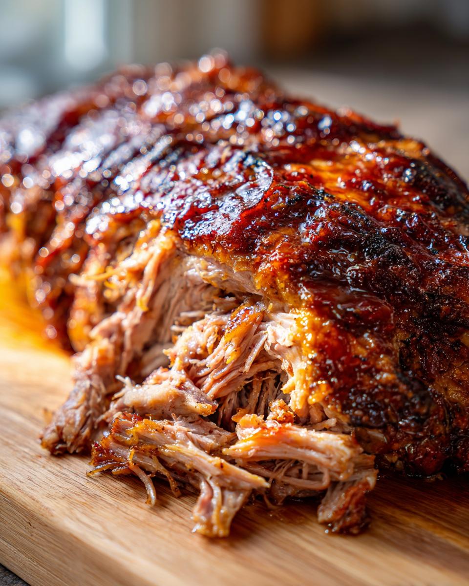Close-up of tender, shredded slow cooker pulled pork with a glossy, caramelized BBQ sauce glaze on a wooden cutting board.