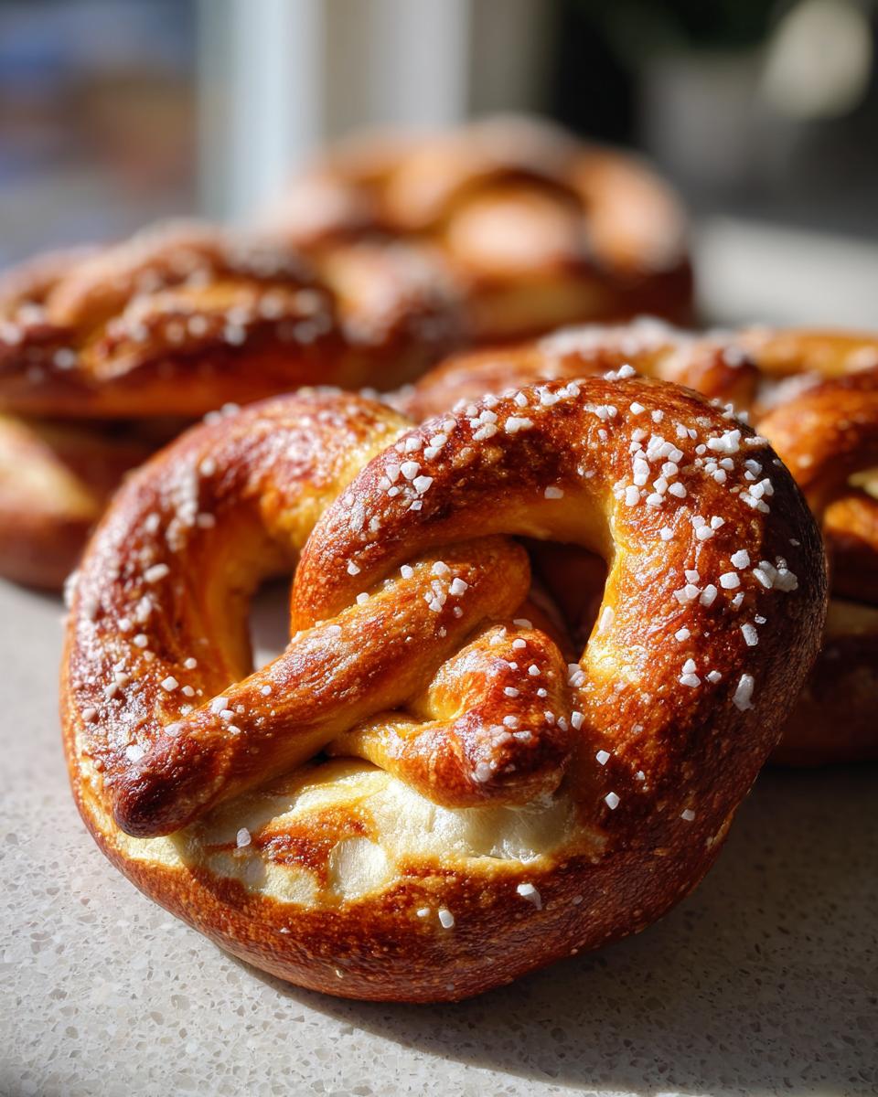 Close-up of freshly baked soft pretzels sprinkled with coarse salt, showcasing their golden-brown crust.