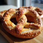 Close-up of freshly baked soft pretzels sprinkled with coarse salt on a wooden board.