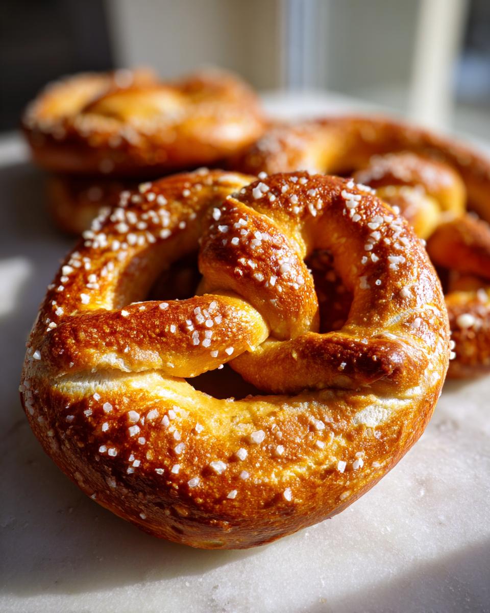 Close-up of a freshly baked soft pretzel topped with coarse salt, with more pretzels blurred in the background.