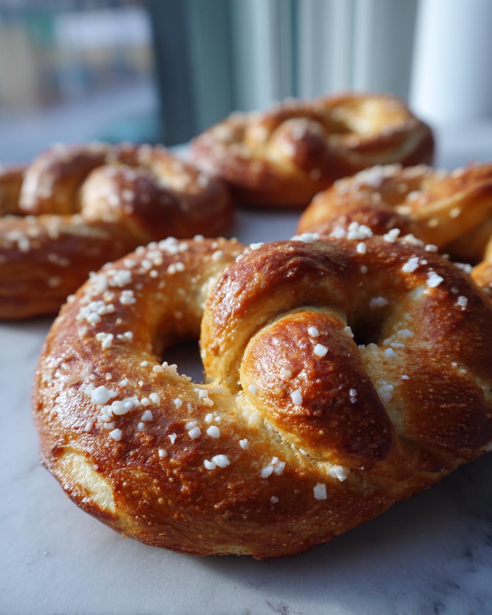 Close-up of golden-brown soft pretzels sprinkled with coarse salt, ready to be enjoyed.