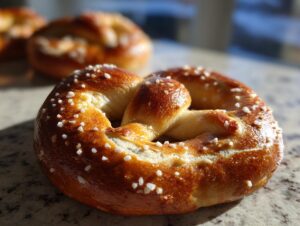 Close-up of a freshly baked soft pretzel with a golden-brown crust and sprinkled with coarse salt.