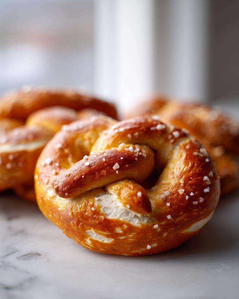 Close-up of a golden-brown soft pretzel topped with coarse sea salt, with more pretzels blurred in the background.