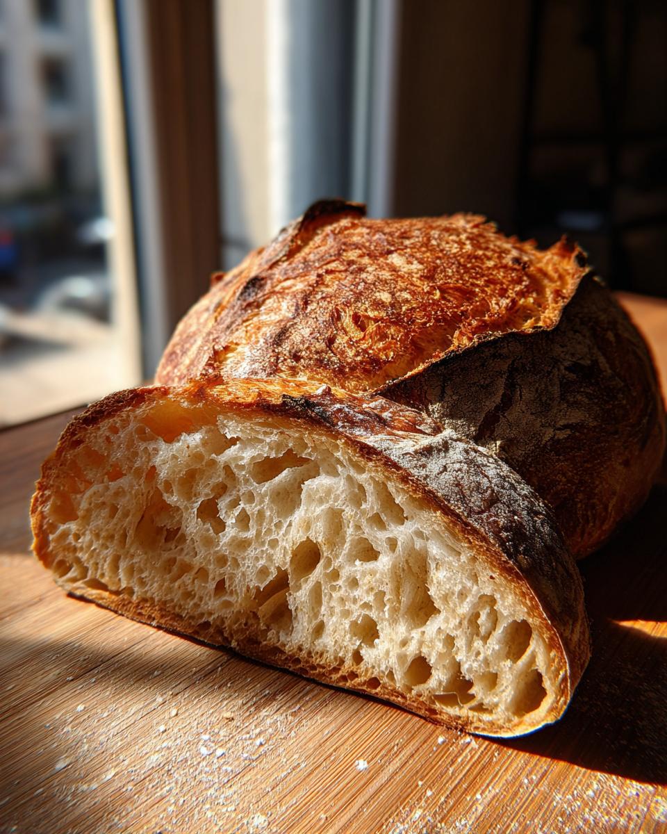 A golden-brown sourdough bread loaf with a slice cut, revealing its airy crumb structure.