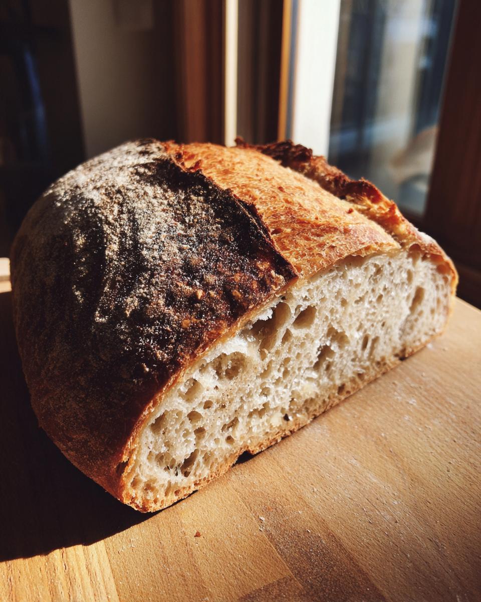 A close-up view of a freshly baked sourdough bread loaf, sliced to reveal its airy crumb and golden crust.