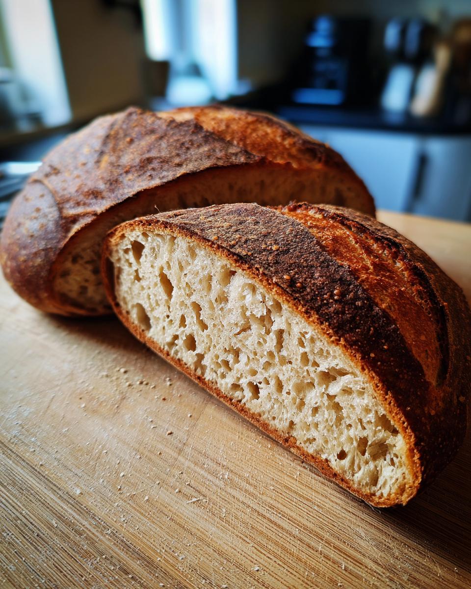 A close-up view of a freshly baked sourdough bread loaf, sliced to reveal its airy crumb and golden crust.