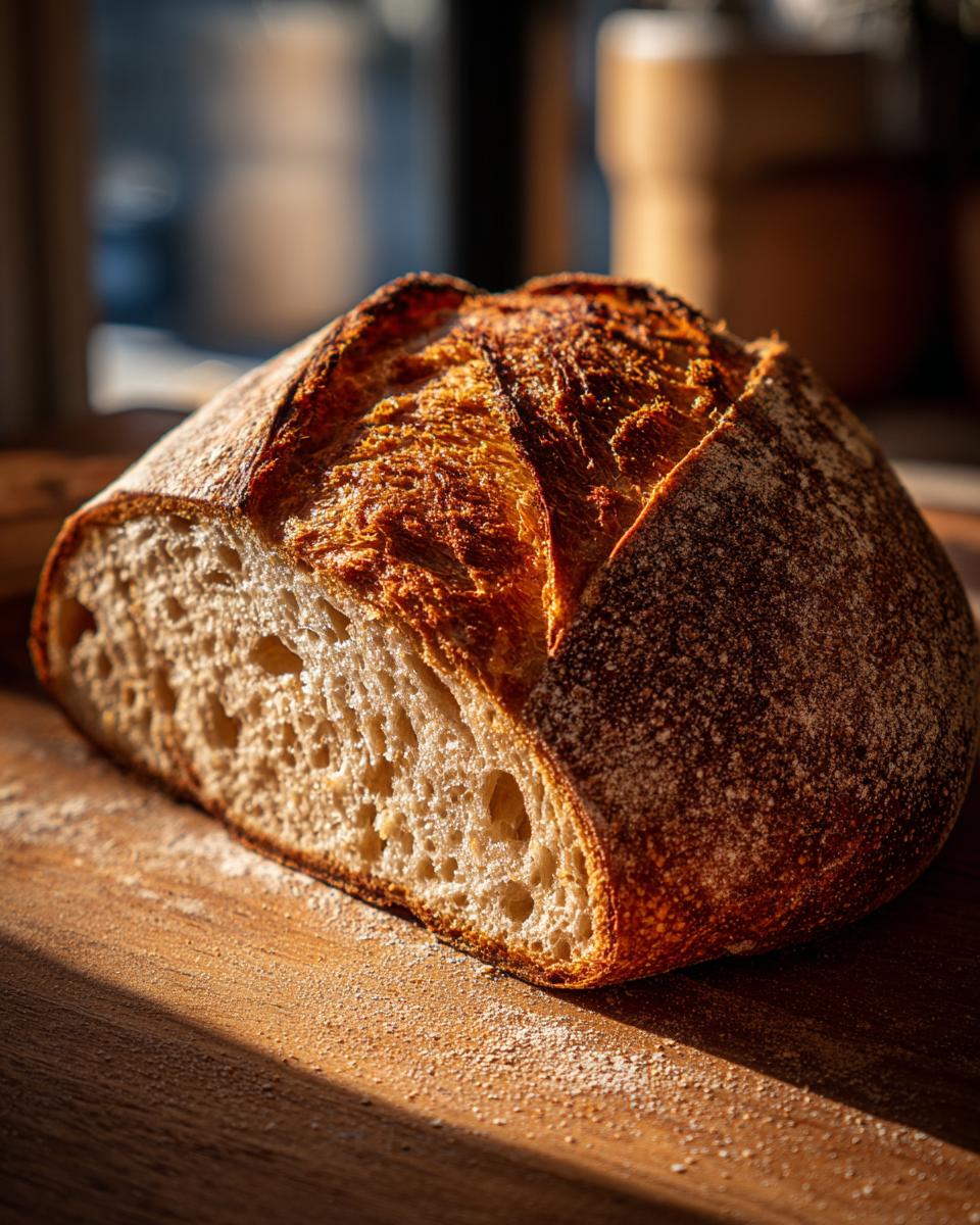 Close-up of a beautifully baked sourdough bread loaf, showcasing its golden crust and airy crumb texture.