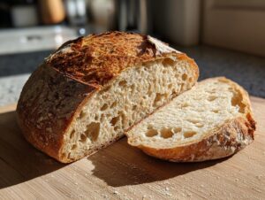 A beautifully baked sourdough bread loaf, sliced to reveal its airy, open crumb and golden crust.