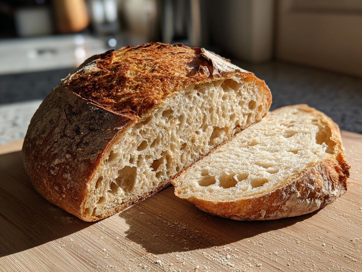 A beautifully baked sourdough bread loaf, sliced to reveal its airy, open crumb and golden crust.