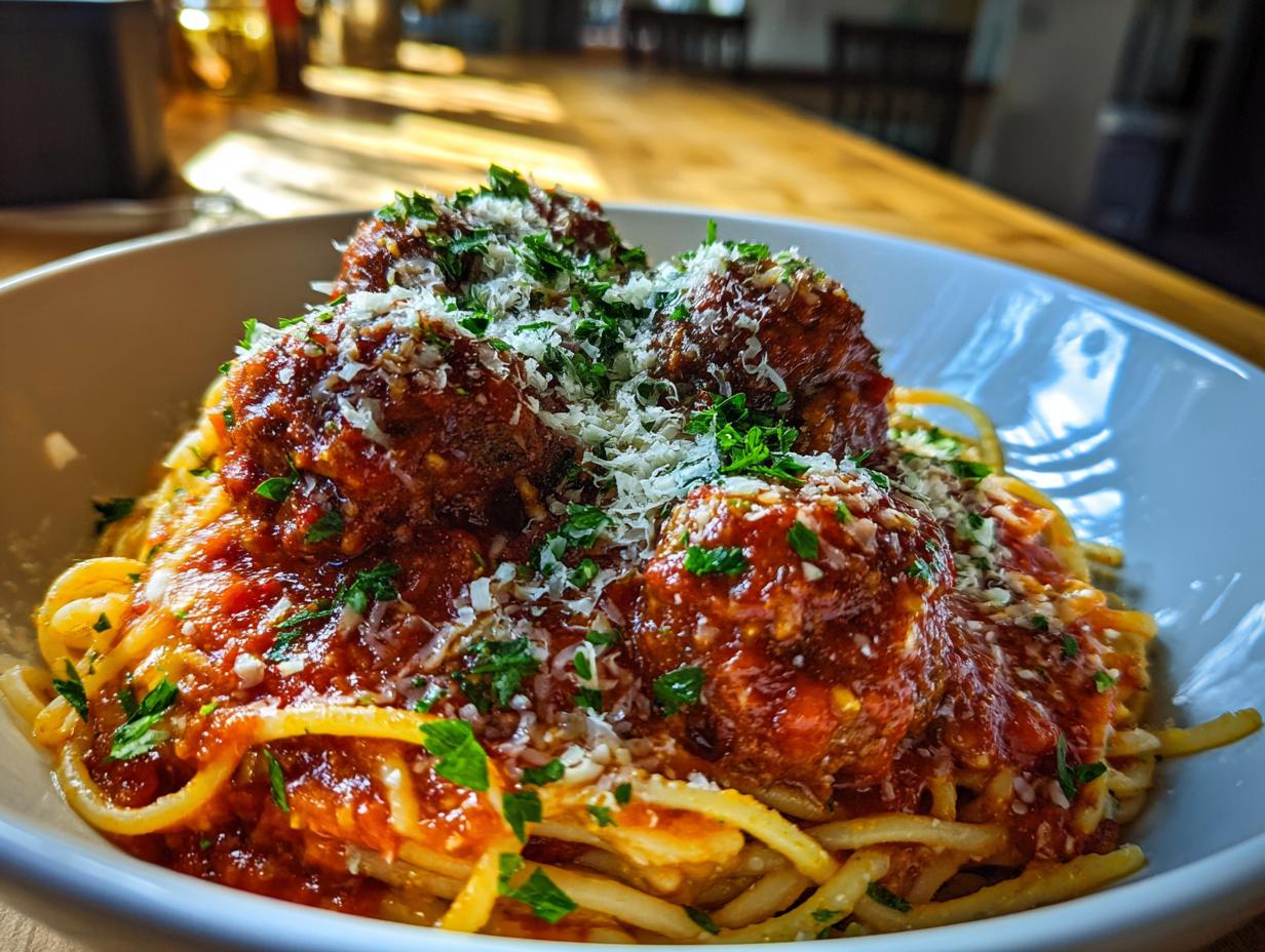 A close-up of a white bowl filled with tender spaghetti and meatballs, topped with marinara sauce, grated cheese, and fresh parsley.