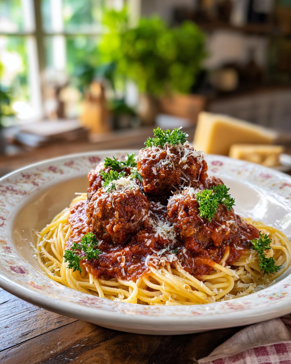 A classic dish of spaghetti and meatballs, generously topped with marinara sauce and fresh parsley, and grated Parmesan cheese.