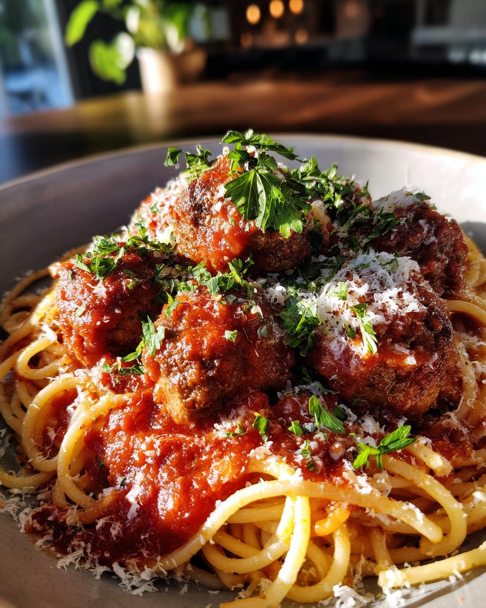 A close-up of a bowl of spaghetti and meatballs, covered in rich marinara sauce and topped with fresh parsley and grated Parmesan cheese.